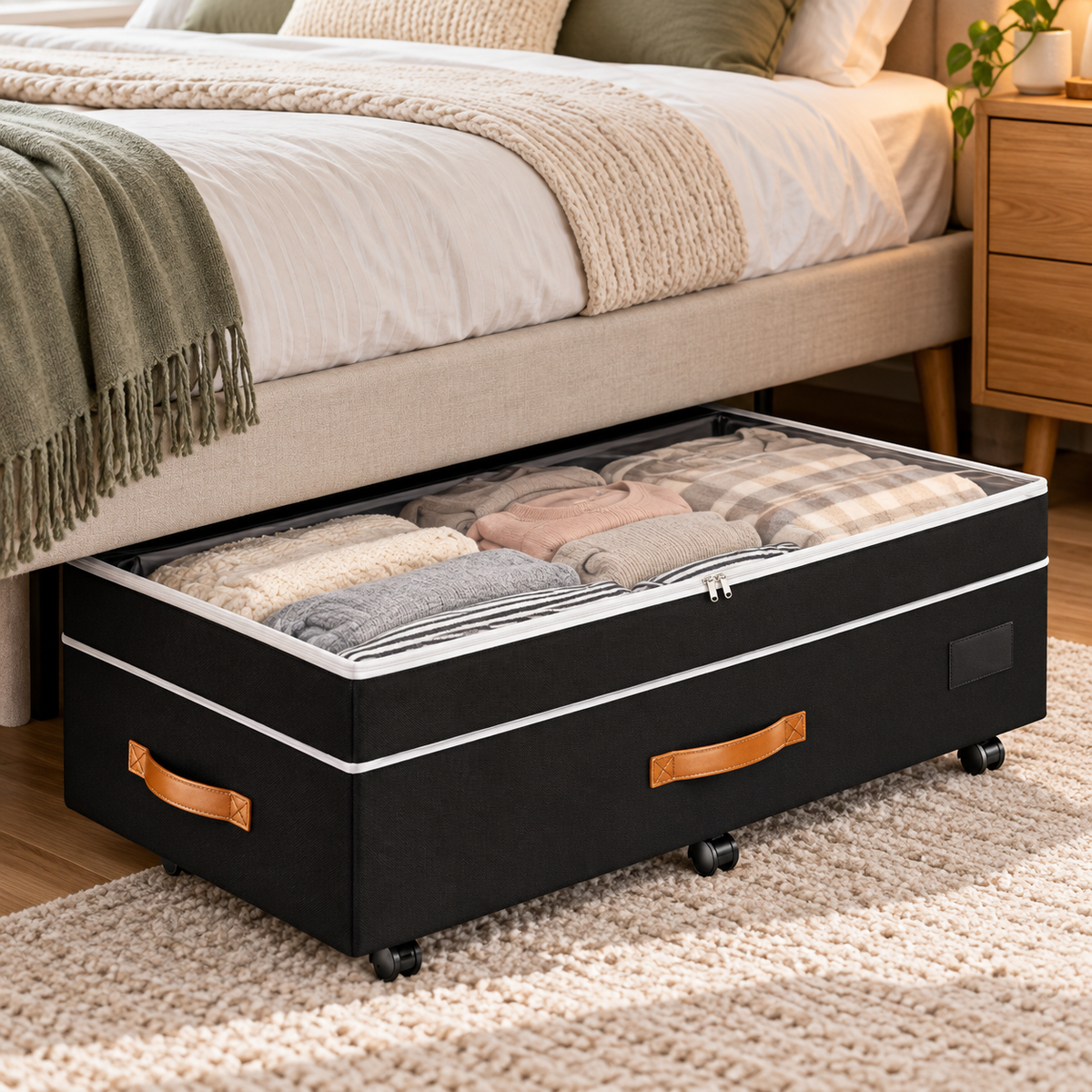 🛏️ Under-Bed Storage | Rolling Fabric Organizer | Bedroom Space Saver | Clear-Top Design