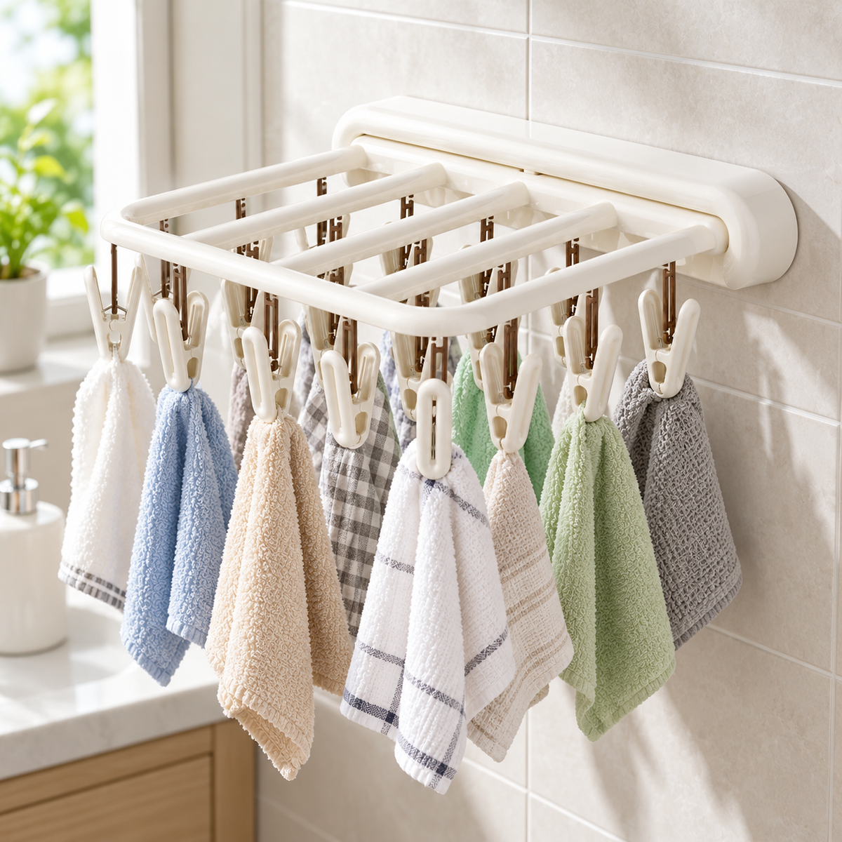 🧺 Space-Saving | Foldable Wall Drying Rack | Multi-Clip Laundry Hanger