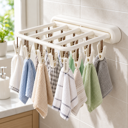 🧺 Space-Saving | Foldable Wall Drying Rack | Multi-Clip Laundry Hanger