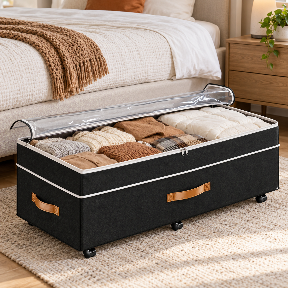 🛏️ Under-Bed Storage | Rolling Fabric Organizer | Bedroom Space Saver | Clear-Top Design
