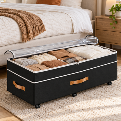🛏️ Under-Bed Storage | Rolling Fabric Organizer | Bedroom Space Saver | Clear-Top Design