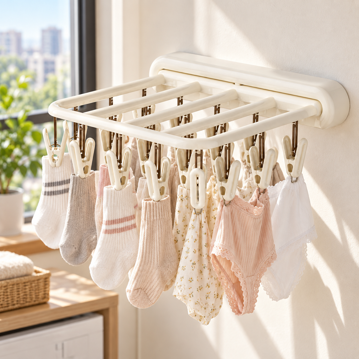 🧺 Space-Saving | Foldable Wall Drying Rack | Multi-Clip Laundry Hanger