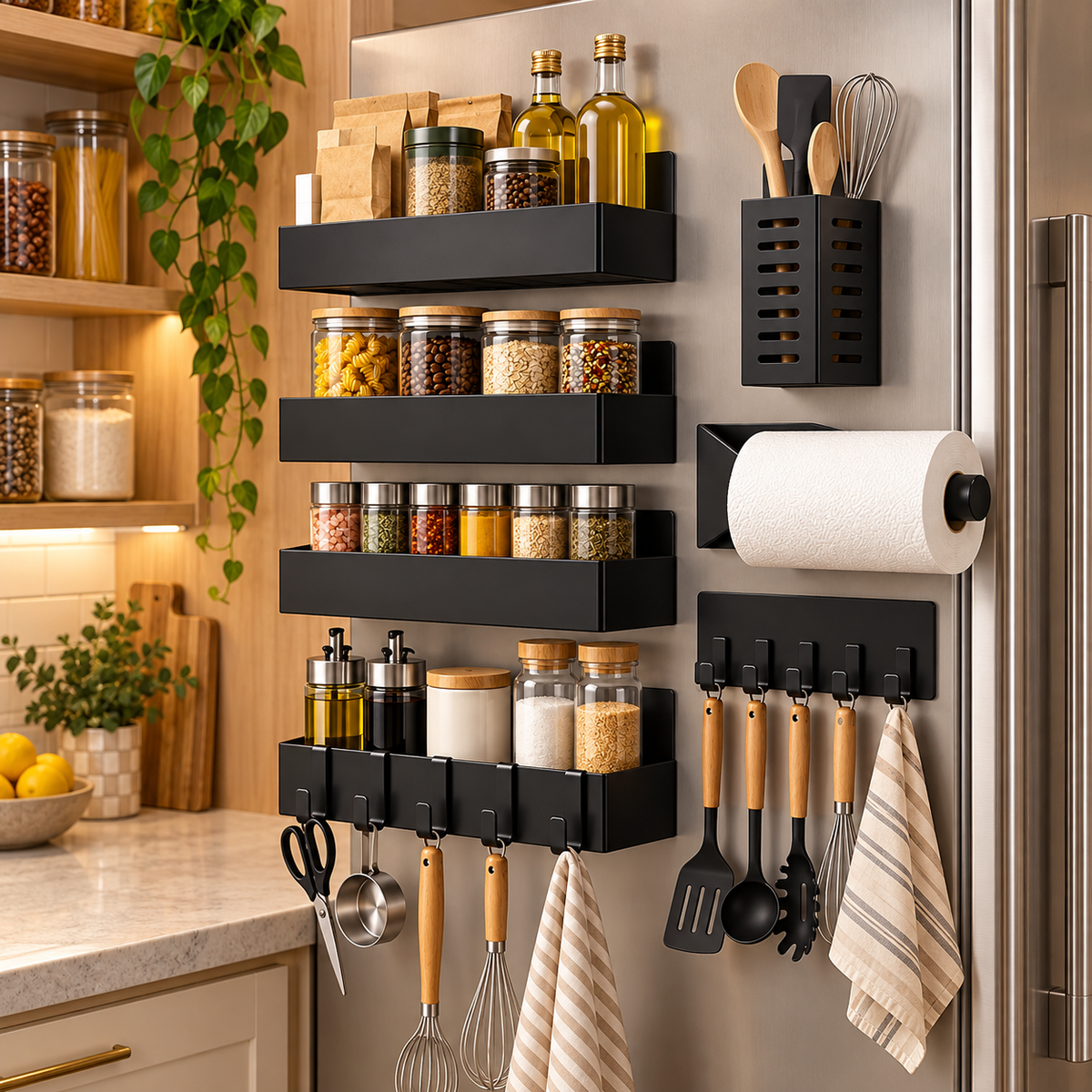 🧲 Magnetic Fridge Organizer | Multi-Piece Storage Set | Kitchen & Pantry | Space-Saving Rack