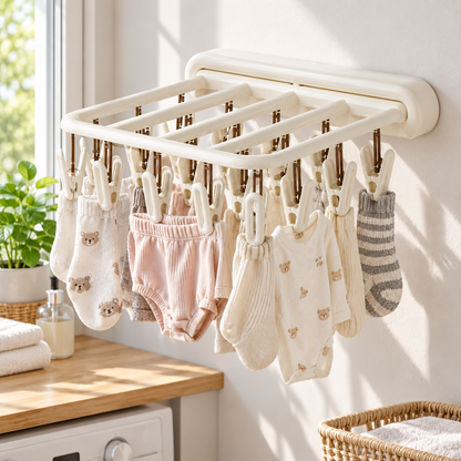 🧺 Space-Saving | Foldable Wall Drying Rack | Multi-Clip Laundry Hanger