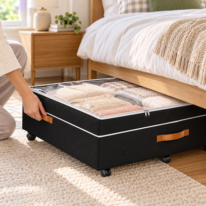 🛏️ Under-Bed Storage | Rolling Fabric Organizer | Bedroom Space Saver | Clear-Top Design